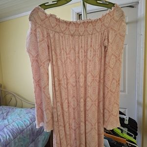 Pretty, bohemian, off-shoulder, mini-dress, pale pink